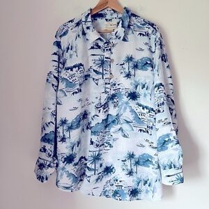 Cynthia Rowley Novelty Print The Amalfi Coast Italy Linen Pullover Blouse Travel